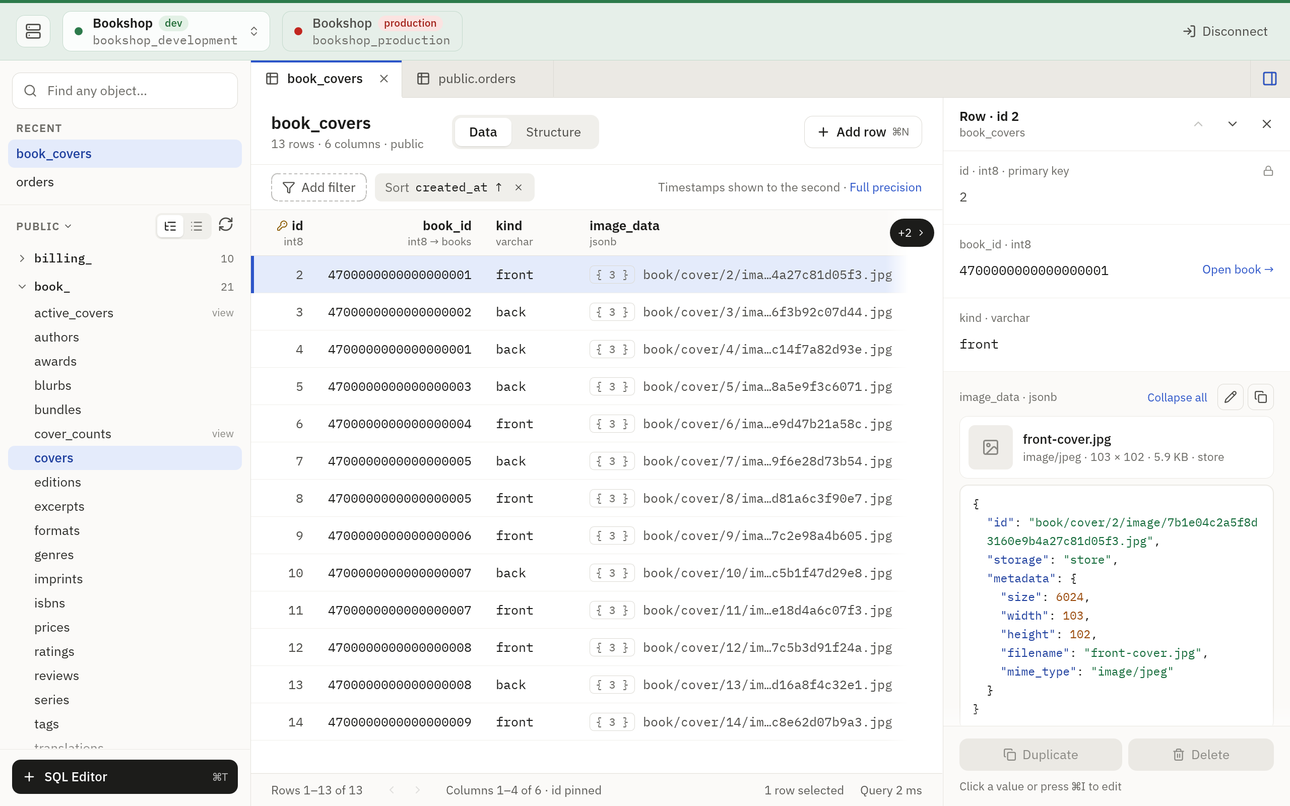 Tabletist in its macOS look: a table's data grid, the sidebar of tables on the left and the row panel on the right